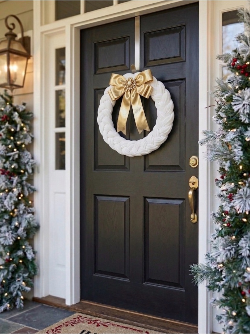 Hand made Elegant White Holiday braided Wreath with Gold Bow on scarf or coat.